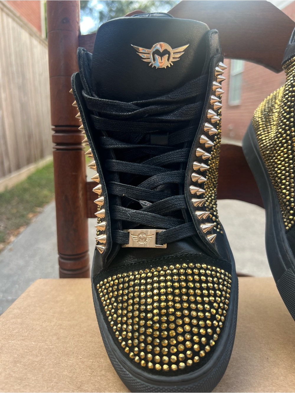 Ferrari Massari Men’s Mid-Top Spiked Sneaker Black Gold Leather - Picture 3 of 10